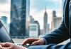 Financial analyst analyzing data with city skyline in background.