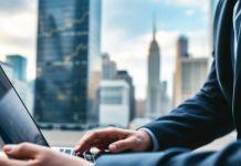 Financial analyst analyzing data with city skyline in background.