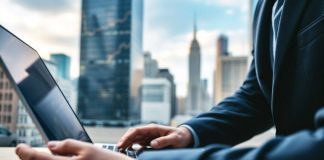 Financial analyst analyzing data with city skyline in background.