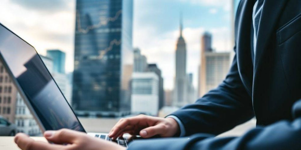Financial analyst analyzing data with city skyline in background.