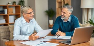 A financial advisor meeting with a client in an office.