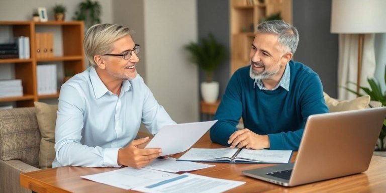 A financial advisor meeting with a client in an office.