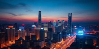 Futuristic city skyline representing AI investment opportunities.