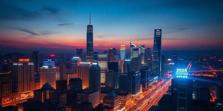 Futuristic city skyline representing AI investment opportunities.