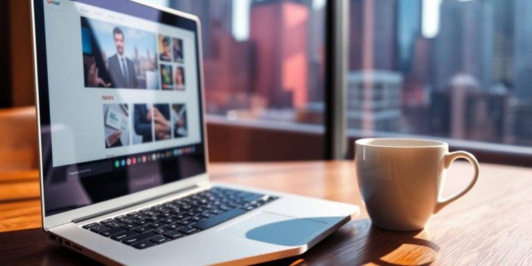 Coffee and laptop with city view for daily news.
