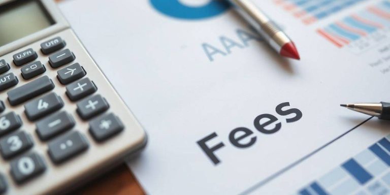 Calculator and financial documents on a wooden desk.