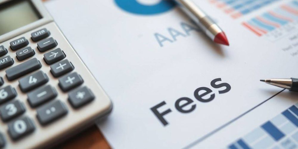 Calculator and financial documents on a wooden desk.