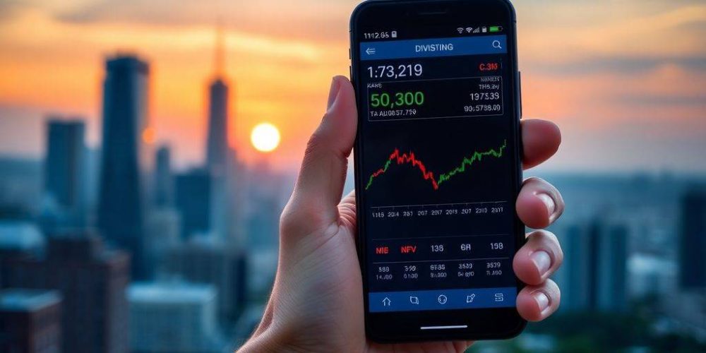 Hand with smartphone over a city skyline at sunset.