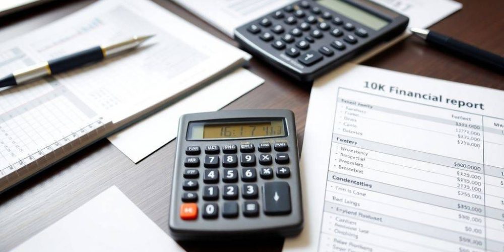 Calculator, notepad, and financial documents on a desk.