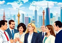 Diverse leaders discussing global investment in an urban setting.