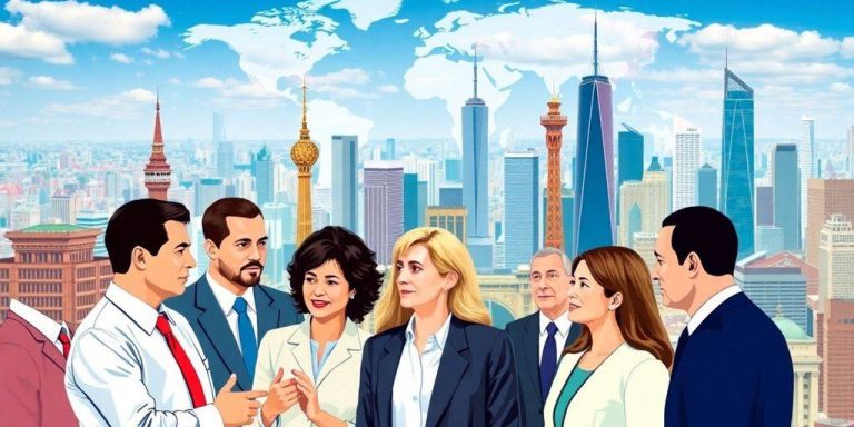 Diverse leaders discussing global investment in an urban setting.