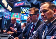 Traders in action on a bustling trading floor.