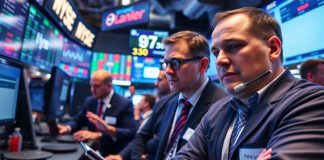Traders in action on a bustling trading floor.