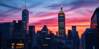 City skyline featuring major US stock exchanges at dusk.
