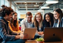 Young professionals collaborating in a modern office space.
