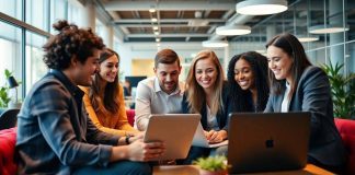 Young professionals collaborating in a modern office space.
