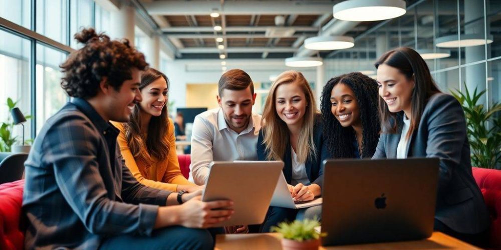 Young professionals collaborating in a modern office space.