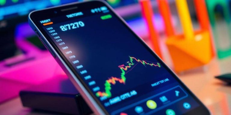 Smartphone showing stock data in an office setting.