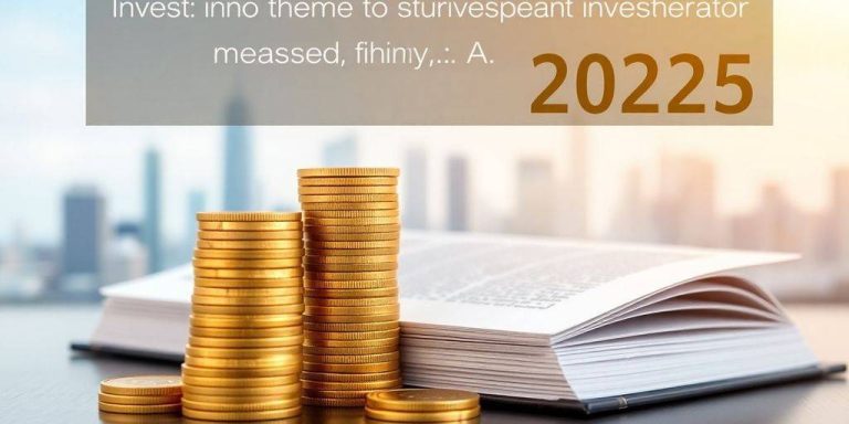 Gold coins and an open book with a city backdrop.