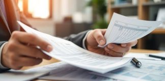 Business professional reviewing financial documents in an office.