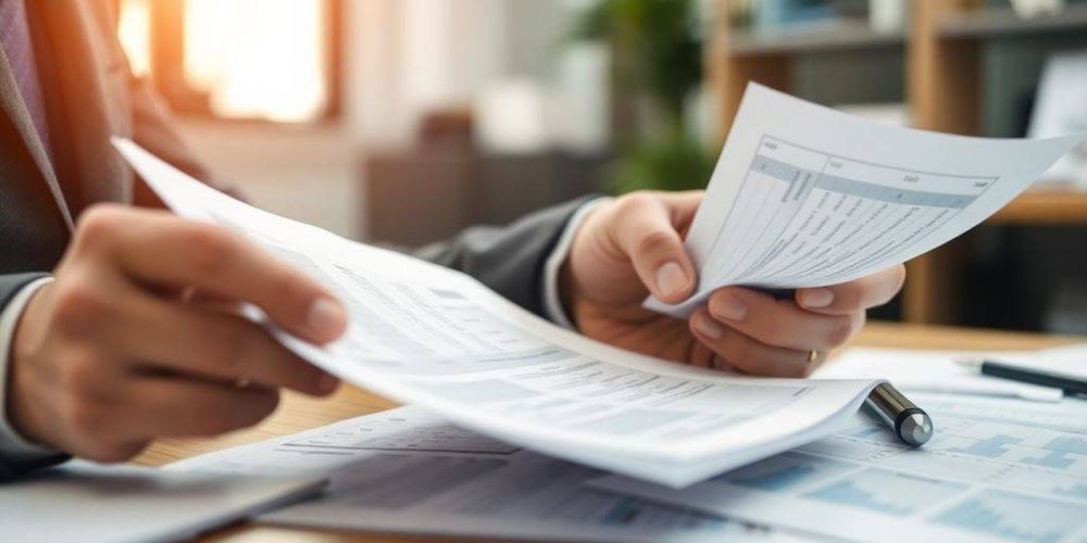 Business professional reviewing financial documents in an office.