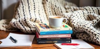 Colorful investing books and coffee in a cozy setting.