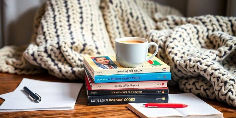 Colorful investing books and coffee in a cozy setting.