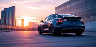 Tesla car in a modern city at sunset.