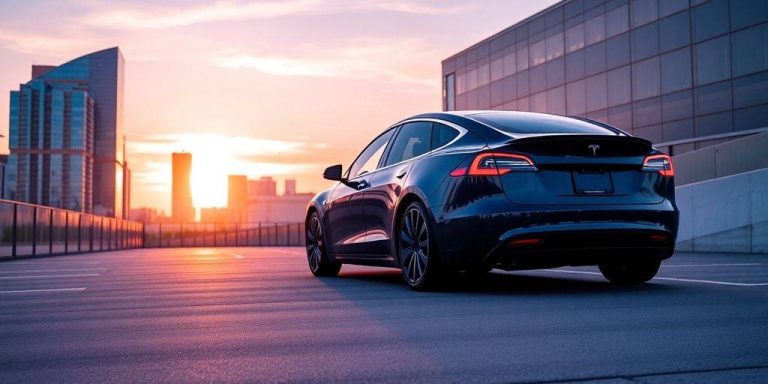 Tesla car in a modern city at sunset.