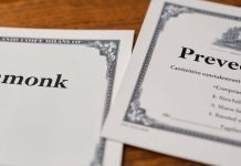 Two stock certificates on a wooden desk.