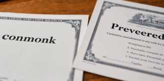 Two stock certificates on a wooden desk.