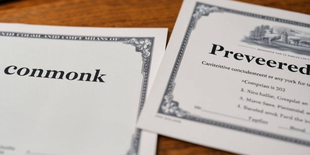 Two stock certificates on a wooden desk.