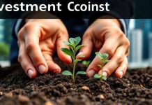 Hands planting seeds in soil for investment growth.