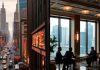 Financial district and private equity office environments contrast.