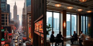 Financial district and private equity office environments contrast.