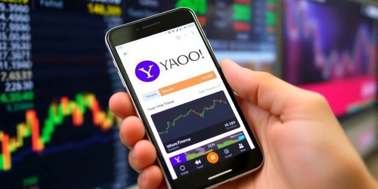 Person using Yahoo Finance app on smartphone outdoors.