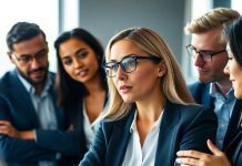Diverse professionals communicating effectively in a modern office.