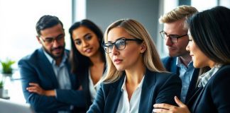 Diverse professionals communicating effectively in a modern office.