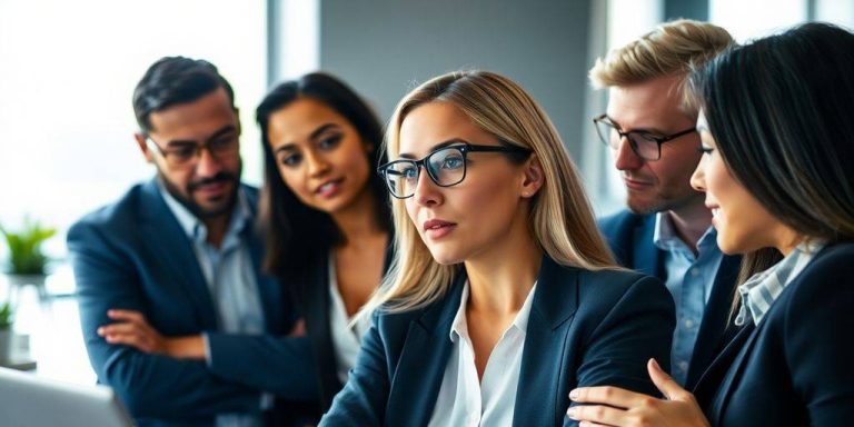 Diverse professionals communicating effectively in a modern office.