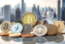 Colorful cryptocurrencies on a reflective surface with city skyline.
