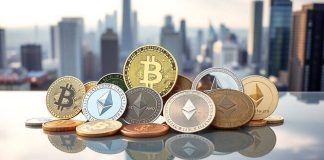 Colorful cryptocurrencies on a reflective surface with city skyline.