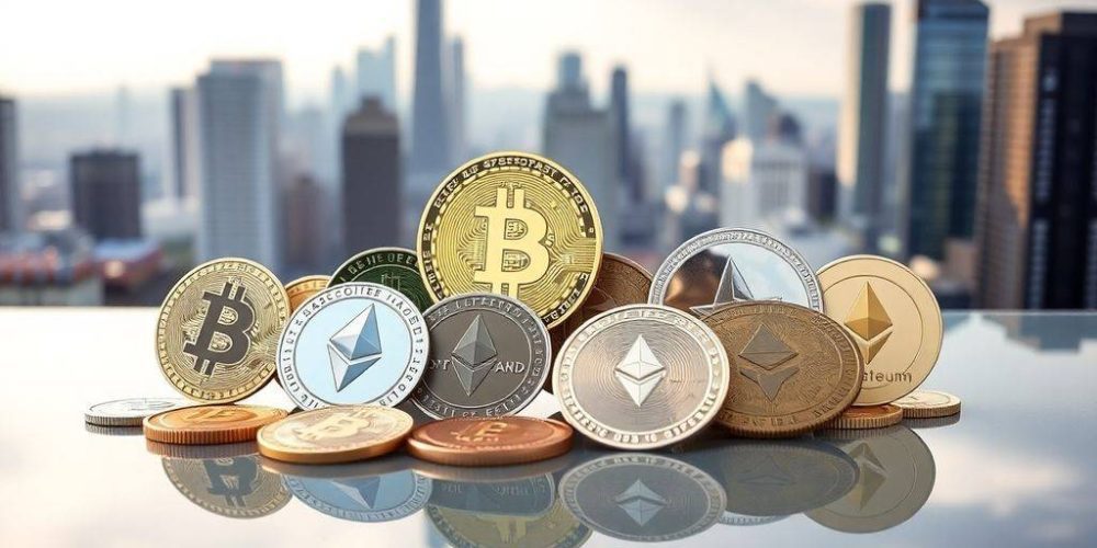 Colorful cryptocurrencies on a reflective surface with city skyline.