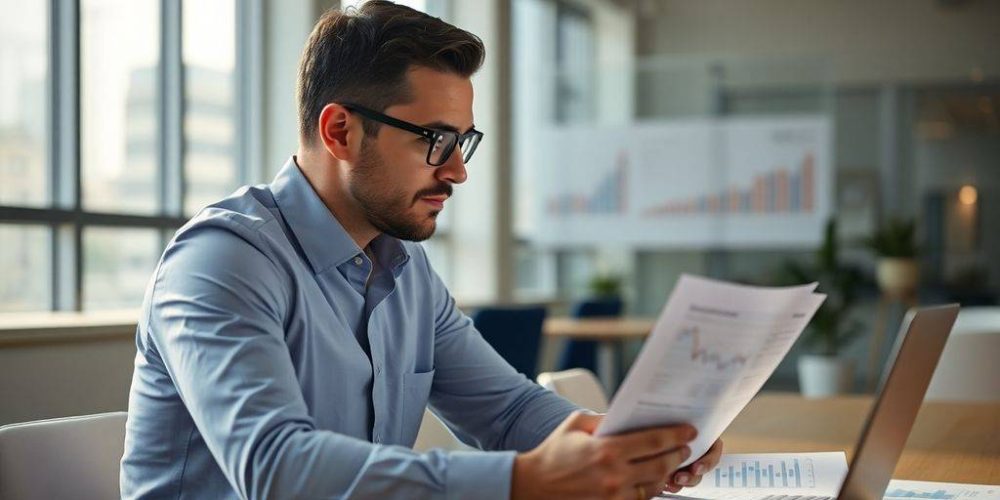 Hedge fund analyst working in a modern office environment.