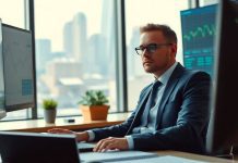 Hedge fund manager in office analyzing financial data.