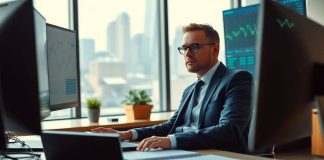 Hedge fund manager in office analyzing financial data.