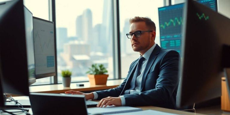 Hedge fund manager in office analyzing financial data.