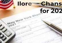 Close-up of tax form with calculator and American flag.