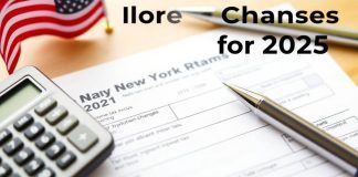 Close-up of tax form with calculator and American flag.