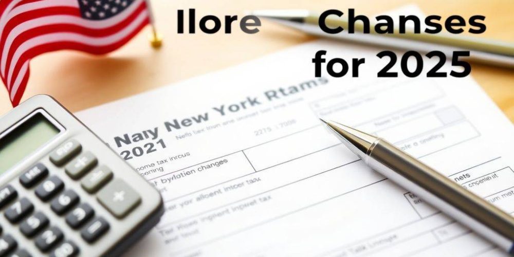 Close-up of tax form with calculator and American flag.