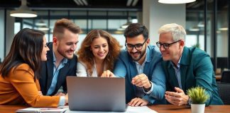 Group of professionals collaborating in a finance office.